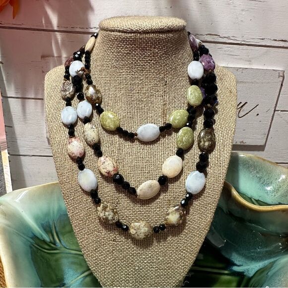 “On the Rocks”Genuine Gemstones 48” Strung Beautiful Onyx Jasper Quartz Necklace - Picture 1 of 4